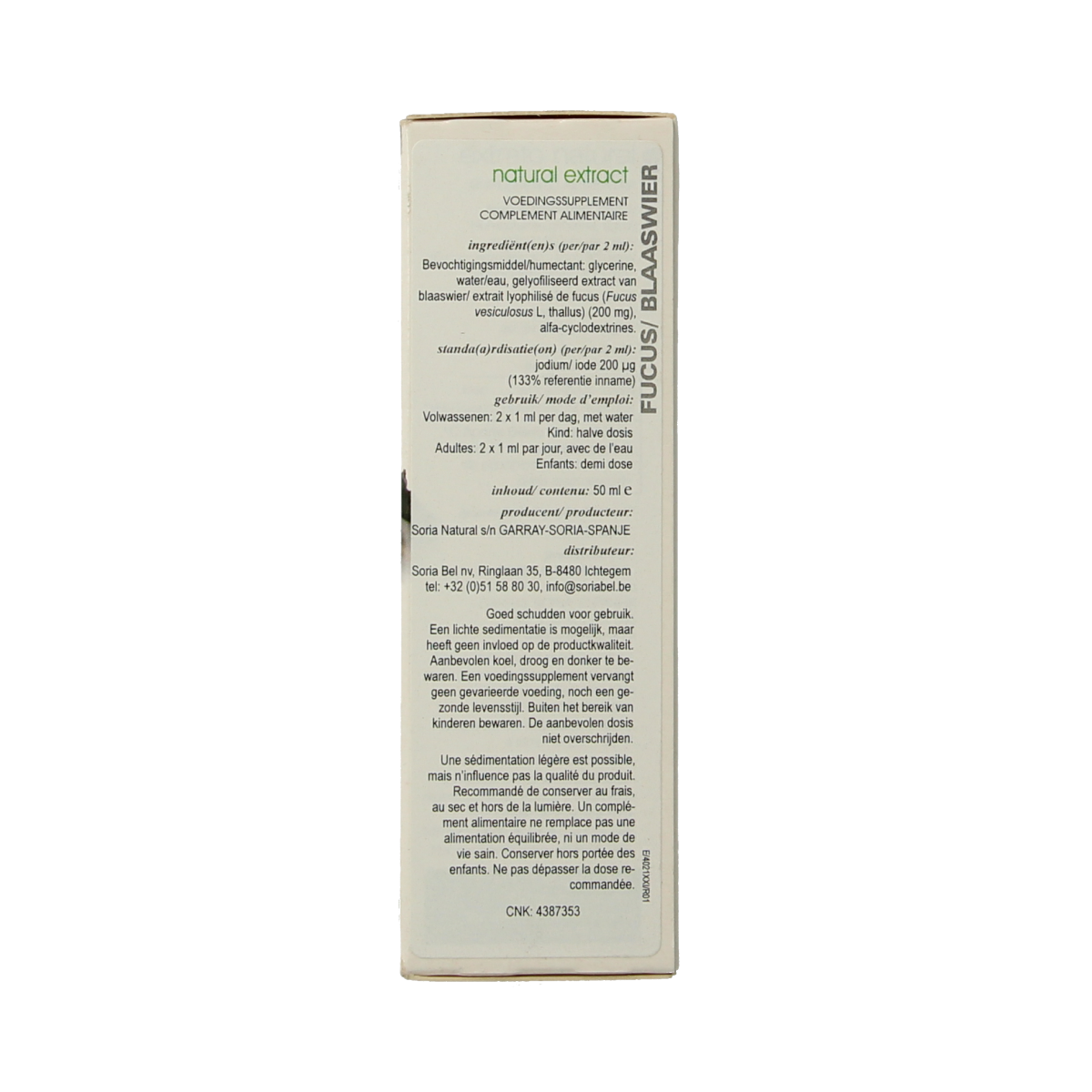 Soria Natural Fucus vesiculosus herbal extract bottle, 50ml, in a glass container with a white label, used in herbal remedies.