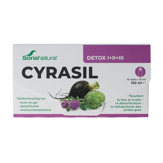 Soria Natural Cyrasil herbal remedy in a 10ml ampoule, featuring a clear glass vial with a white cap and label.