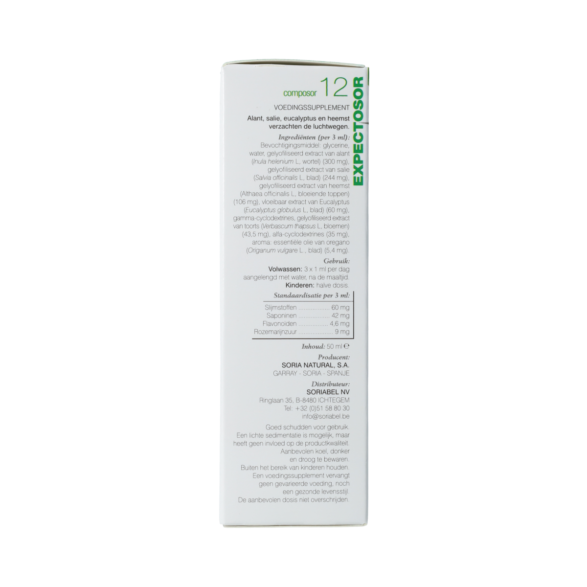 Soria Natural Composor 12 expectorant herbal supplement bottle, 50ml, with herbal ingredients for respiratory support.
