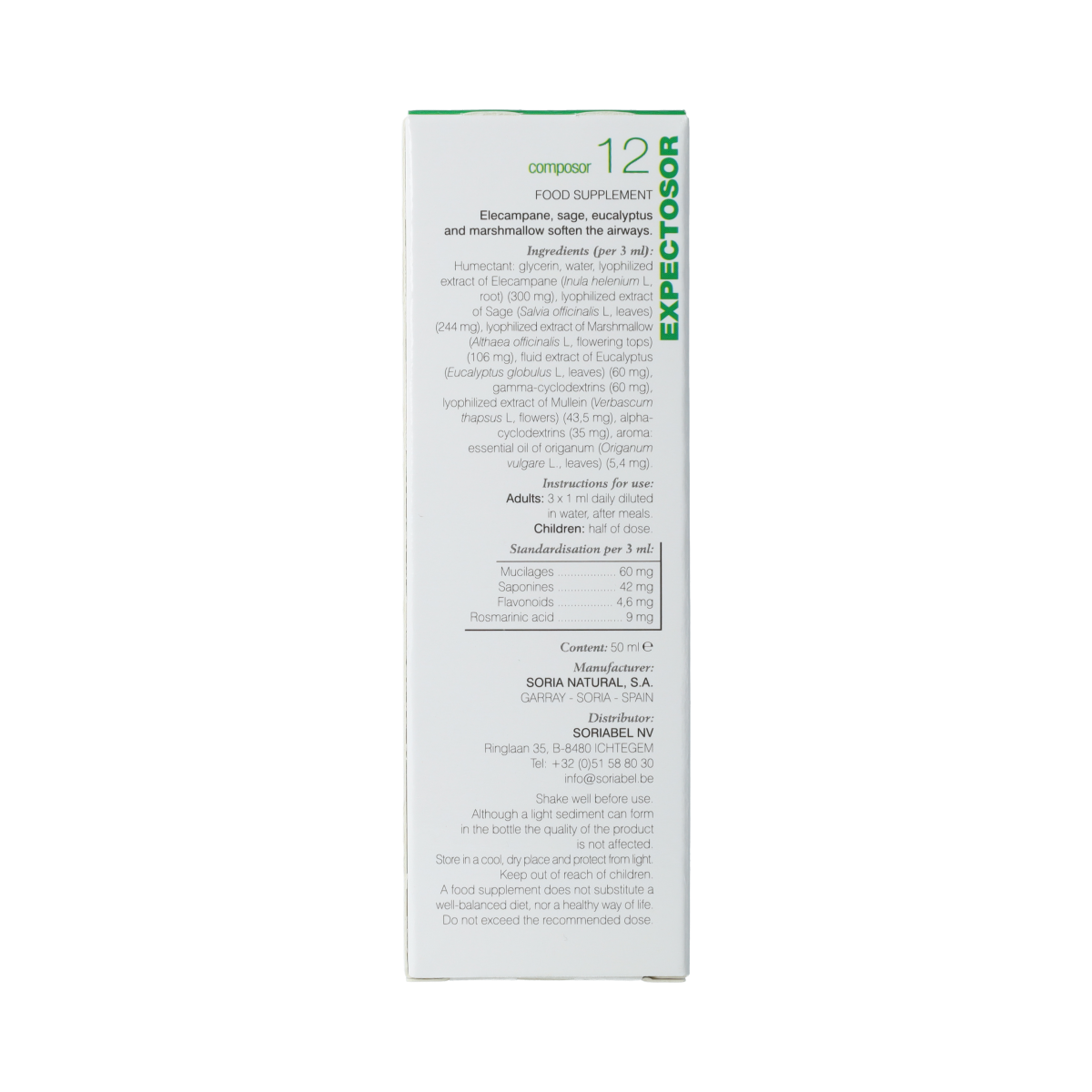 Soria Natural Composor 12 expectorant herbal extract bottle, 50ml, in a clear glass container with a white cap.