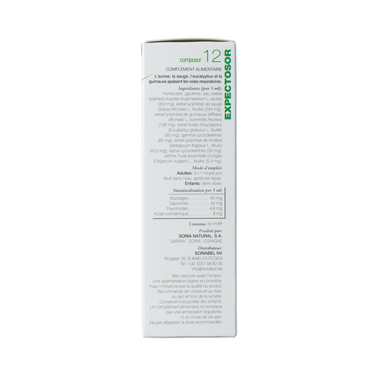 Soria Natural Composor 12 expectorant herbal preparation in a 50ml bottle, featuring natural plant ingredients for respiratory support.