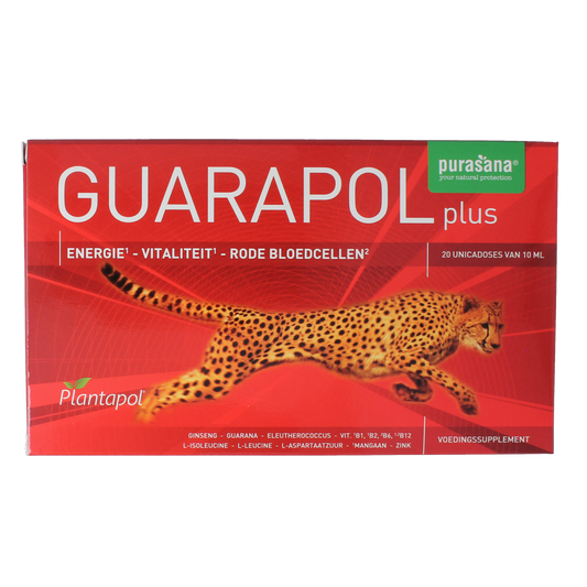 Purasana Plantapol Guarapol Plus herbal supplement ampoules in a box, natural plant-based remedy for wellness.