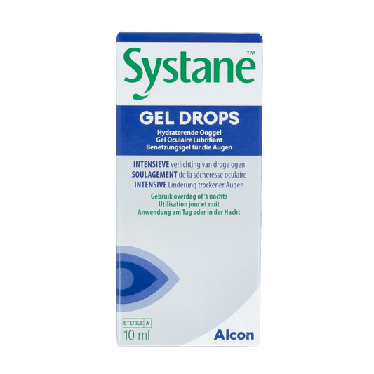 Systane Gel Drops eye ointment in 10ml container, eye care product for soothing and lubricating dry eyes.