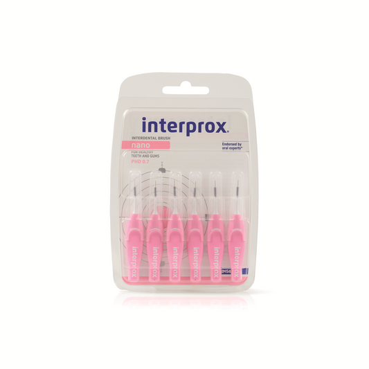 Interprox Nano roze PDH 07 6.00 tandenstokers en ragers, pink color, compact design, ideal for dental cleaning and interdental hygiene.