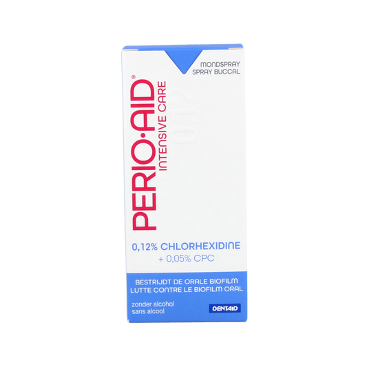 Perio Aid Intensive Care mouth spray with 0.12% chlorhexidine for oral hygiene, displayed in a 50ml bottle.