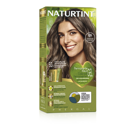 Naturtint 6N Dark Blonde hair coloring cream in 170ml bottle, showing the Naturtint hair dye product with packaging details.