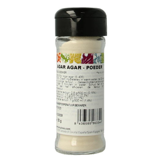 Bio Porto-Muinos agar agar powder in 50g, natural vegan gelling agent used in baking and cooking, shown in the image.