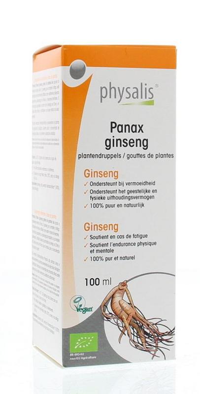 Physalis Panax ginseng bio herbal preparation in a 100ml bottle, featuring fresh ginseng roots and herbal ingredients.