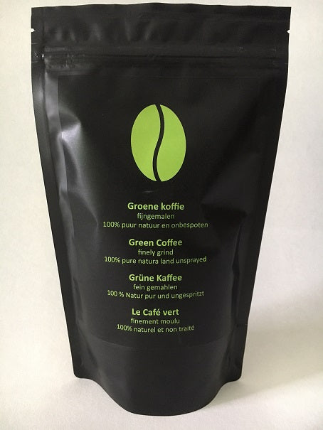Medical Art Groene Koffie onbespoten 250g, fresh green coffee beans in a clear bag, showcasing natural, unroasted coffee beans.