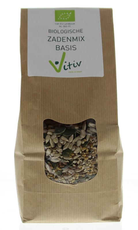 Vitiv Zadenmix basis bio, 500g, raw superfoods with a colorful mix of seeds and grains in a clear container.