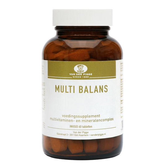 Van der Pigge Multi balans vitamin multivitamin tablets in a bottle, showing the packaging and tablets inside.