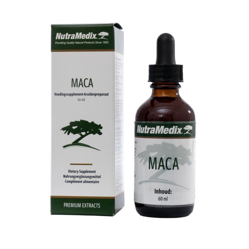 Nutramedix Maca herbal supplement in a 60ml bottle, featuring the Nutramedix brand label and product packaging.