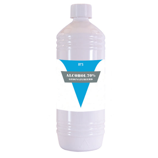 BT'S alcohol disinfectant with 70% ethanol in a 1-liter bottle, suitable for sanitizing surfaces and hands.