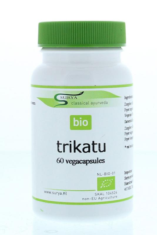 Surya Trikatu bio vegetarian capsules, herbal supplement in a white bottle with a label, displayed on a plain background.