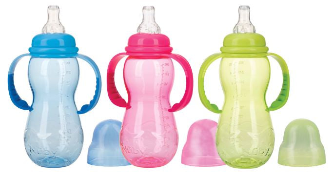 Nuby 320ml non-drip baby bottle with assorted teats, featuring ergonomic design and transparent body for easy feeding.