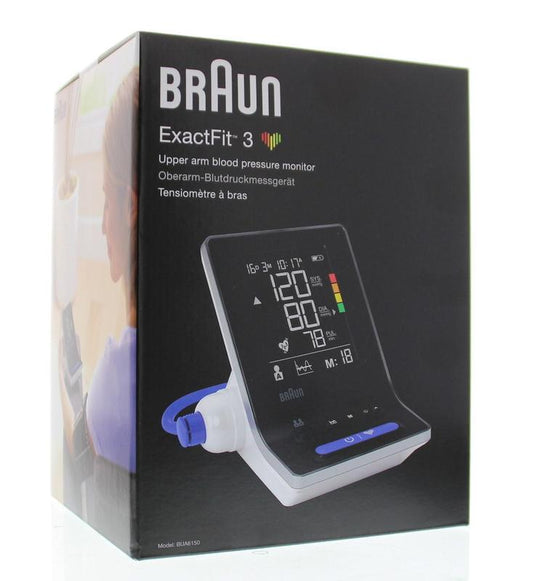 Braun Exactfit 3 upper arm blood pressure monitor with cuff, used for accurate blood pressure measurement.