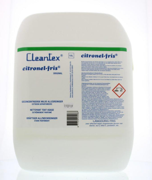 Cleantex Citronel Fris cleaning product in 10-liter container, used for cleaning and disinfecting surfaces.