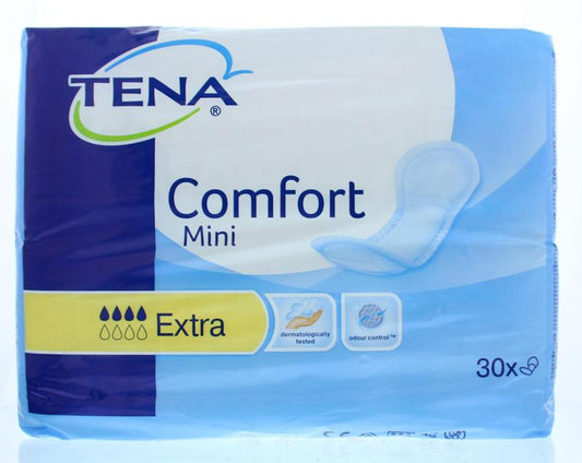 Tena Comfort Mini Incontinence Pads, 30-pack, discreet and absorbent for light bladder control protection.