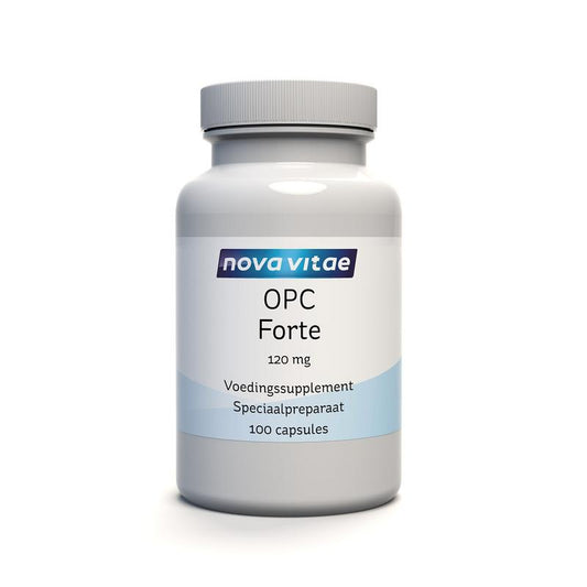 Nova Vitae OPC Forte capsules with grape seed extract, 120mg, 95% OPC, vegetarian herbal supplement in a clear bottle.