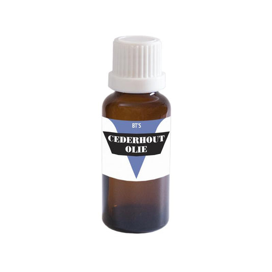 BT'S cedarwood essential oil bottle, 25ml, with amber glass and white cap, showing the product label.