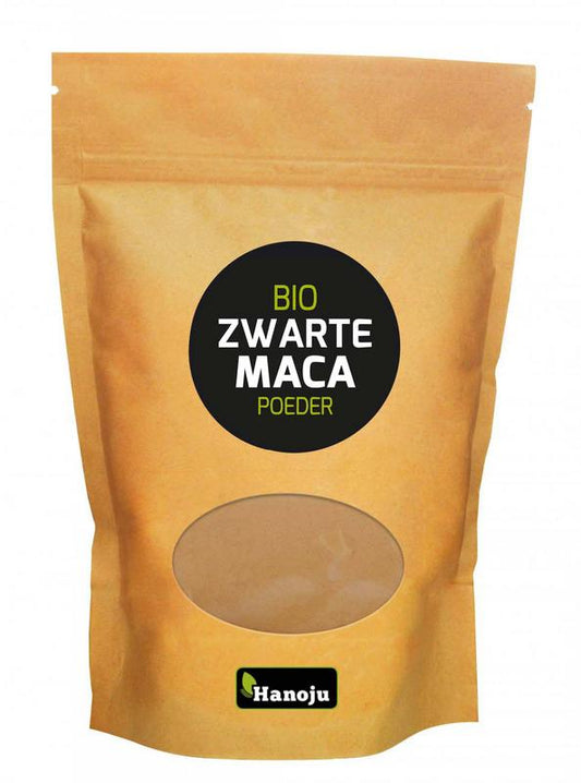 Hanoju Bio zwarte maca poeder in 300g verpakking, kruidensupplement with finely ground black maca root powder.