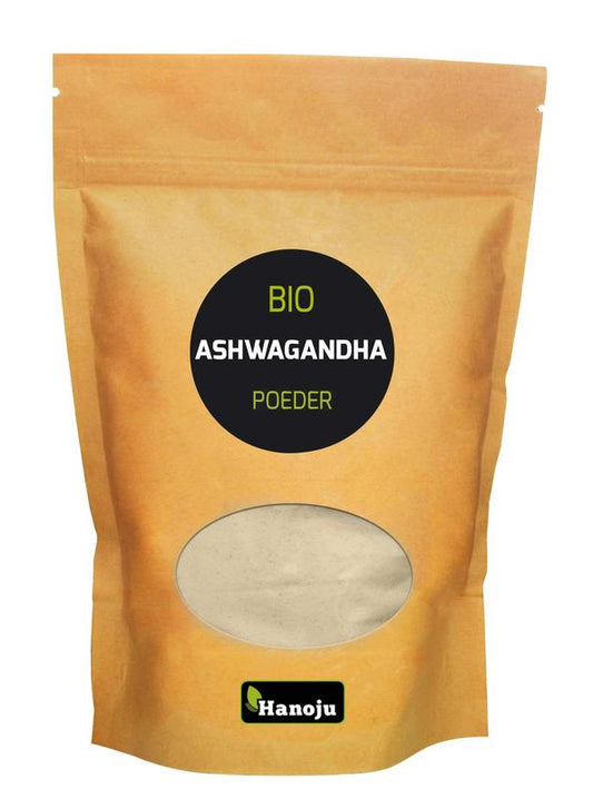 Hanoju organic Ashwagandha powder in a 500g package, herbal supplement, natural adaptogen for wellness and stress relief.