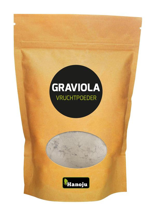 Hanoju Graviola fruit powder in a 500g package, a herbal supplement from the kruidenpreparaten category, shown in the image.
