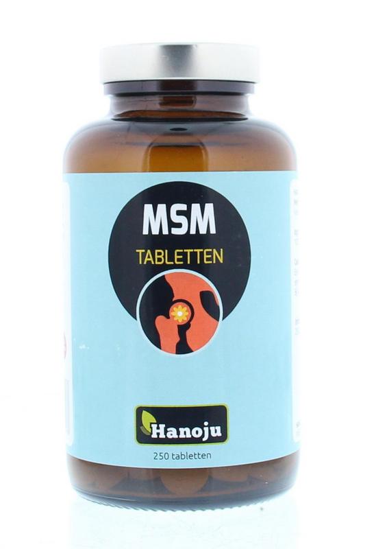 Hanoju MSM 750mg mineral tablets in a bottle, dietary supplement with 250 tablets for joint and skin health.