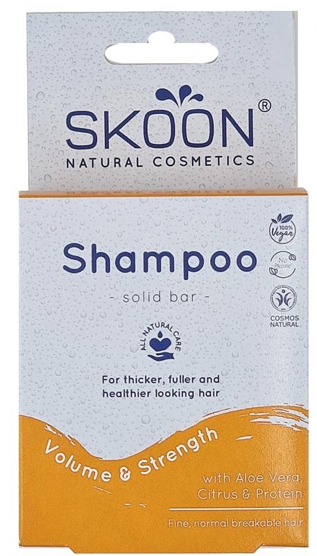 Skoon solid shampoo for volume and strength, 90g, natural hair care product in a bar form with minimal packaging.