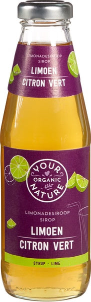 Your Organic Nature organic lime syrup in a 500ml bottle, suitable for drinks and juices, with a clear label and fresh lime imagery.