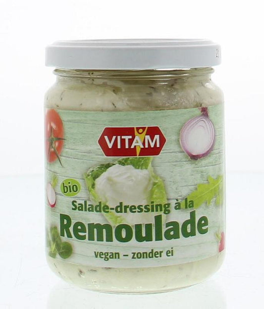 Vitam Saladedressing a la remoulade zonder ei bio sauce in 225ml bottle, creamy, flavorful condiment for salads and dishes.