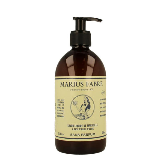 Marius Fabre Nature Marseille unscented liquid soap in a 500ml bottle with pump dispenser, showcasing the clear soap inside
