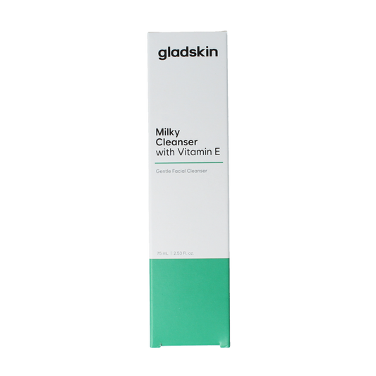 Gladskin Milky cleanser with vitamin E for face skincare, 75ml bottle showing the gentle, milky formula in a clear container.