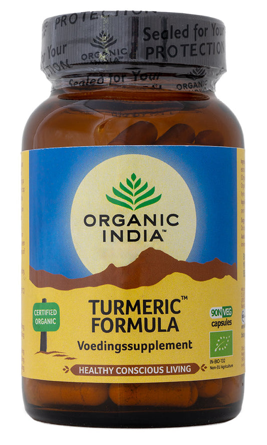Organic India Turmeric capsules, organic turmeric supplement in a bottle, showcasing the product packaging and capsules.