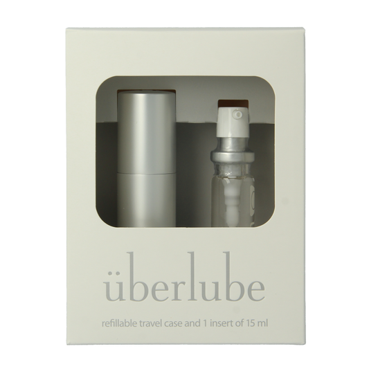 Uberlube Good to Go Silver 15ml lubricant bottle, clear silicone-based glide for intimate use, with sleek silver packaging.