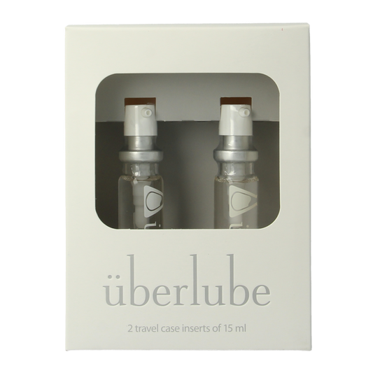 Uberlube Good to go refill pack with two 15ml bottles of lubricant, featuring clear, smooth liquid in compact containers.