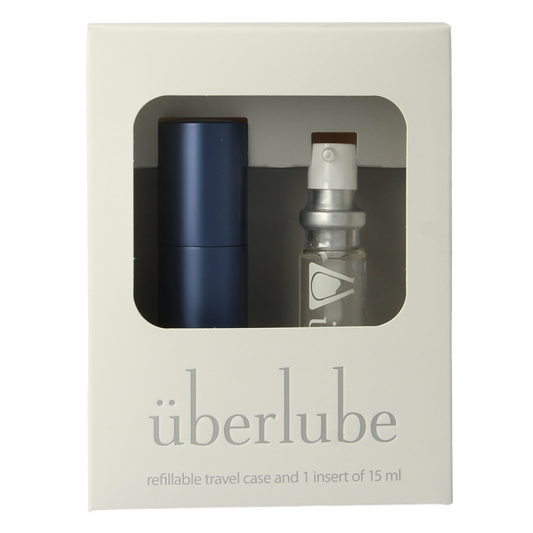 Navy blue Uberlube Good to go 15ml bottle of personal lubricant from Uberlube, shown with product label and packaging.