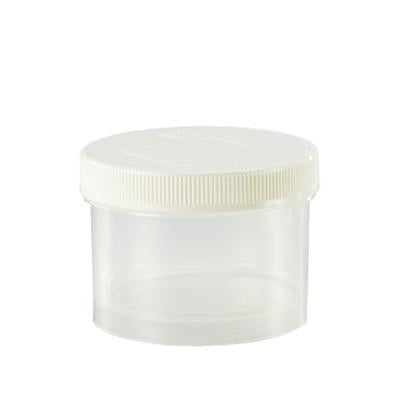 Transparent Spruyt Hillen 75 ml tablet flask with a screw cap, shown with multiple units for packaging material.