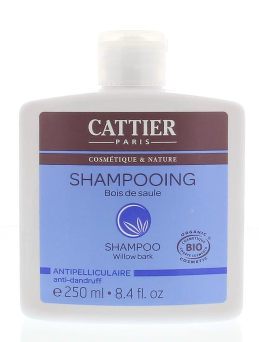 Cattier anti-dandruff willow bark shampoo bottle, 250ml, for scalp care and hair cleansing, natural hair care product.