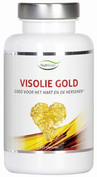 Nutrivian Visolie Gold 1000mg EPA/DHA Vetzuren capsules, close-up of the gold bottle and capsules on a white background.