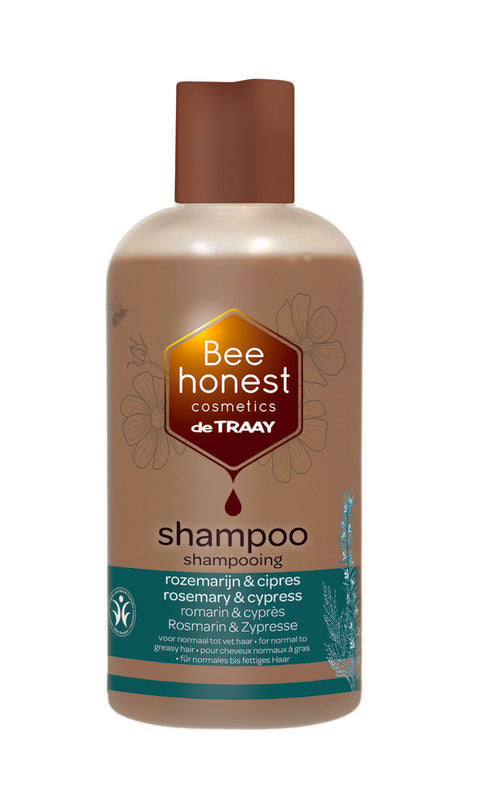 Traay Bee Honest shampoo with rosemary and cypress, 500ml, hair care product showing the bottle and label.