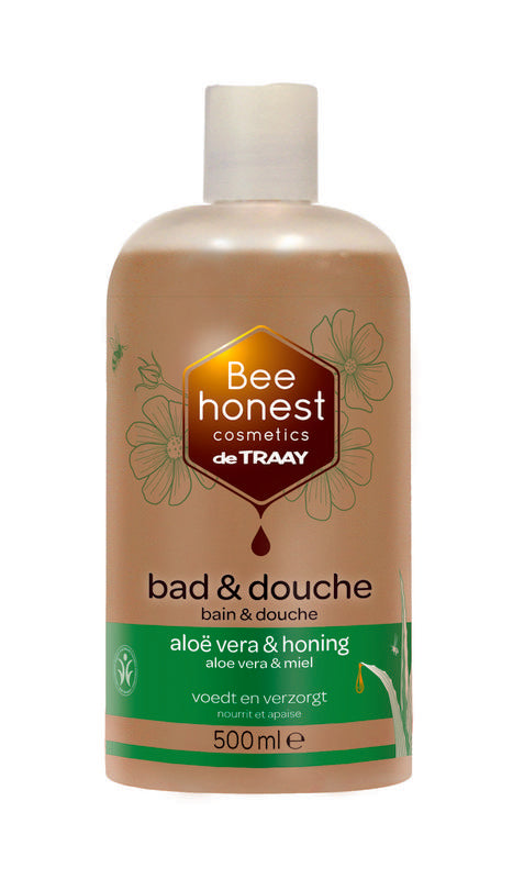 Traay Bee Honest aloe vera and honey bad en douche bottle, 500ml, with natural ingredients for skin and intimate hygiene.