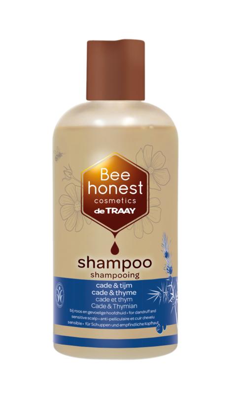 Traay Bee Honest shampoo with cade and thyme in a 250ml bottle, featuring a pump dispenser and natural herbal ingredients.