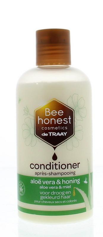 Traay Bee Honest Aloe Vera & Honing Conditioner for hair, 250ml, with a clear bottle showing conditioner inside.