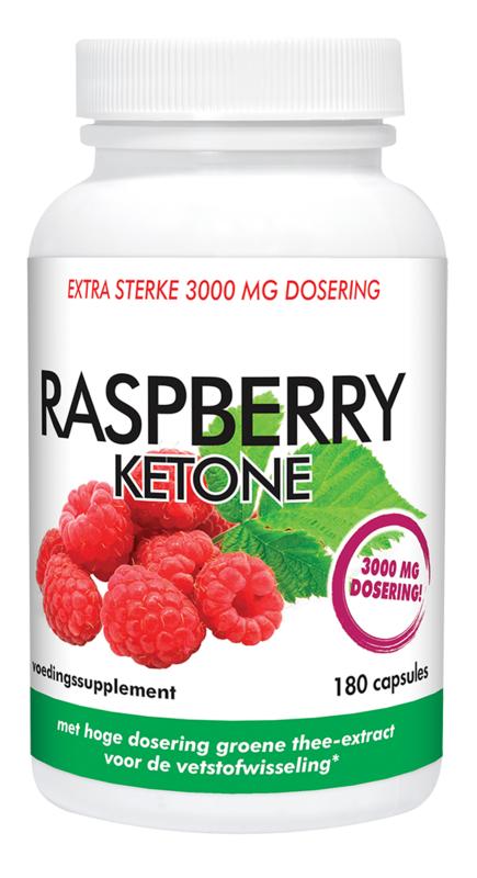 Natusor Raspberry Ketone 180 capsules, herbal supplement in a clear bottle with capsules visible, on a white background.