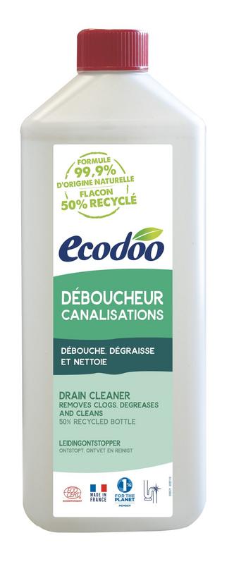 Ecodoo Ontstopper bio 1 Liter biodegradable cleaning product for unclogging drains, shown in a clear bottle with a white cap.