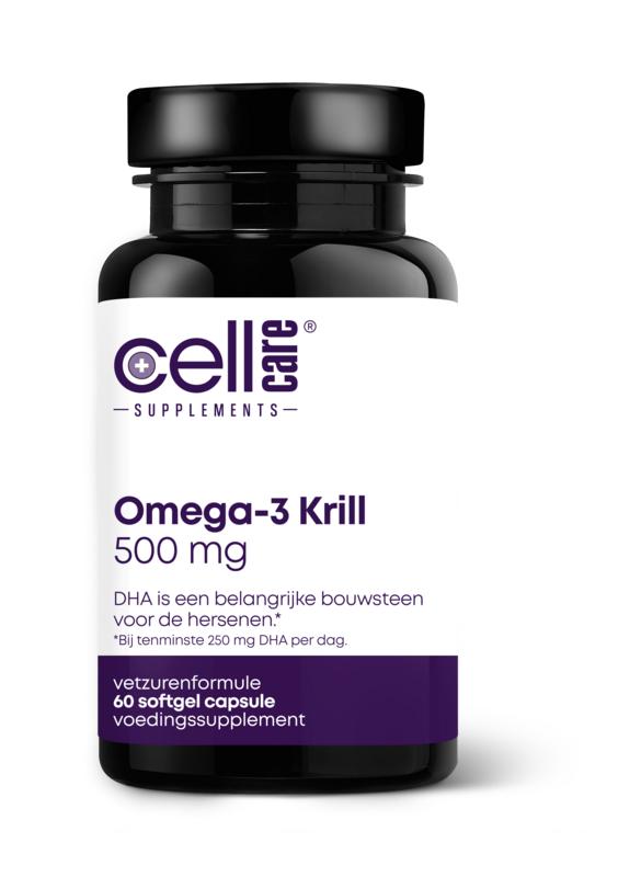 CellCare Omega-3 Krill softgels, Vetzuren supplement in a bottle, showcasing 60 softgel capsules for joint and heart health.