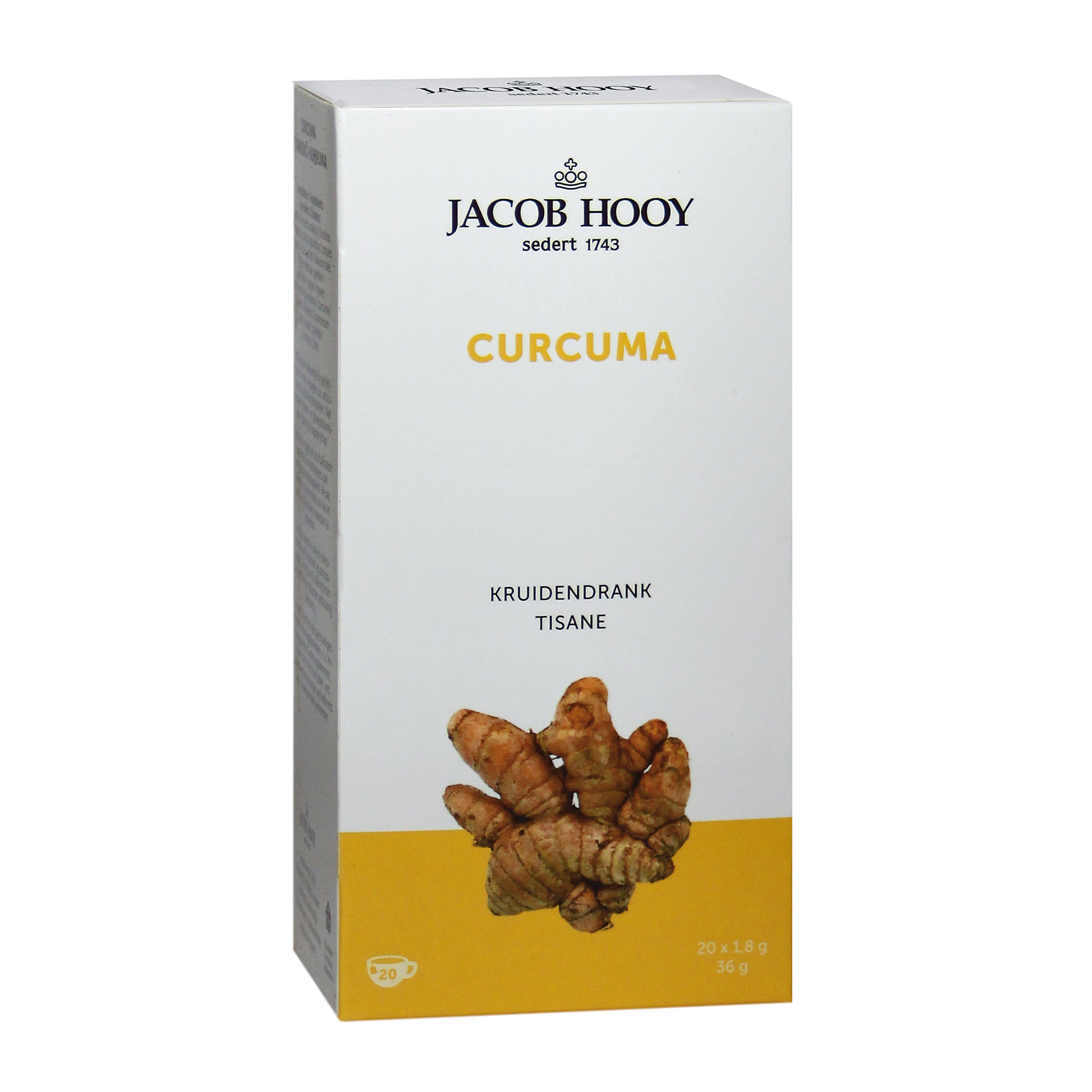 Jacob Hooy Curcuma tea bags in a box, featuring bright yellow packaging with turmeric root illustrations and 20 tea sachets.
