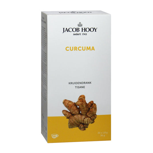 Jacob Hooy Curcuma tea bags in a box, featuring bright yellow packaging with turmeric root illustrations and 20 tea sachets.