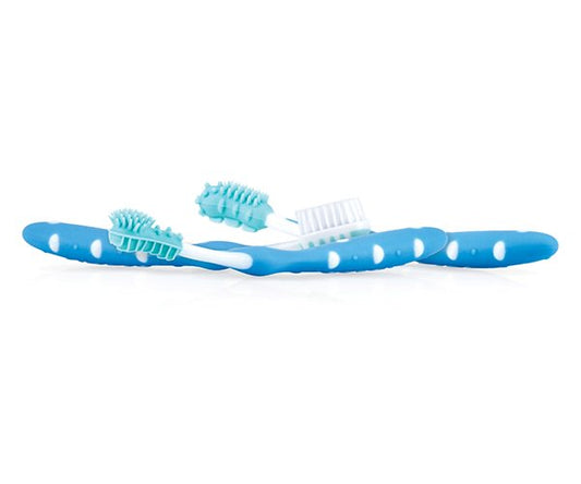 Nuby baby and toddler toothbrush set in blue, includes 3 toothbrushes for children aged 3 months and older.